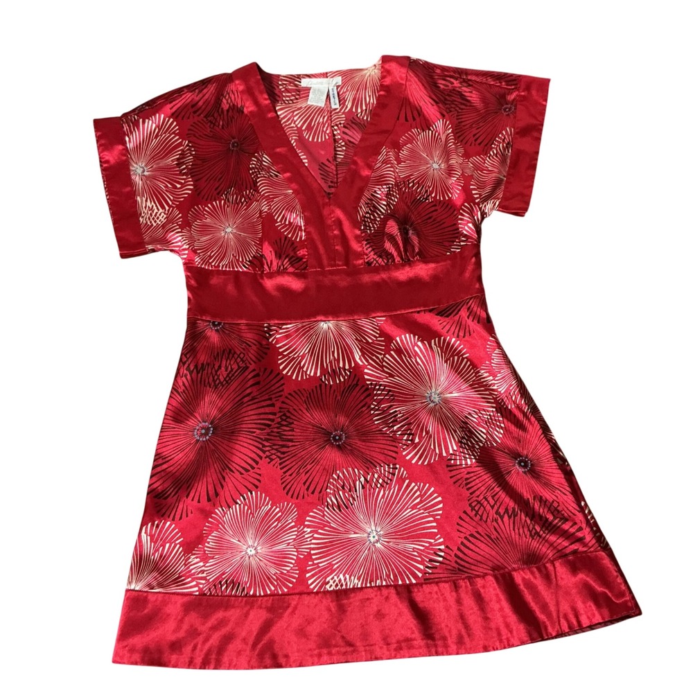 Charlotte Russe Y2K Floral Silk Blend Mini Dress Womens L Red Empire Waist Satin